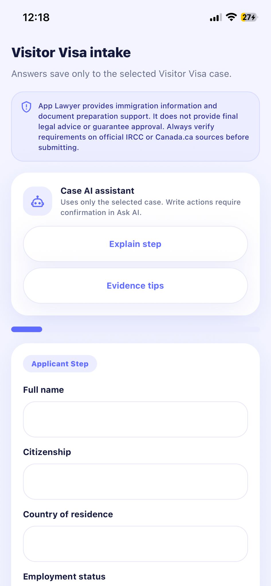 App Lawyer case setup and intake screen 12