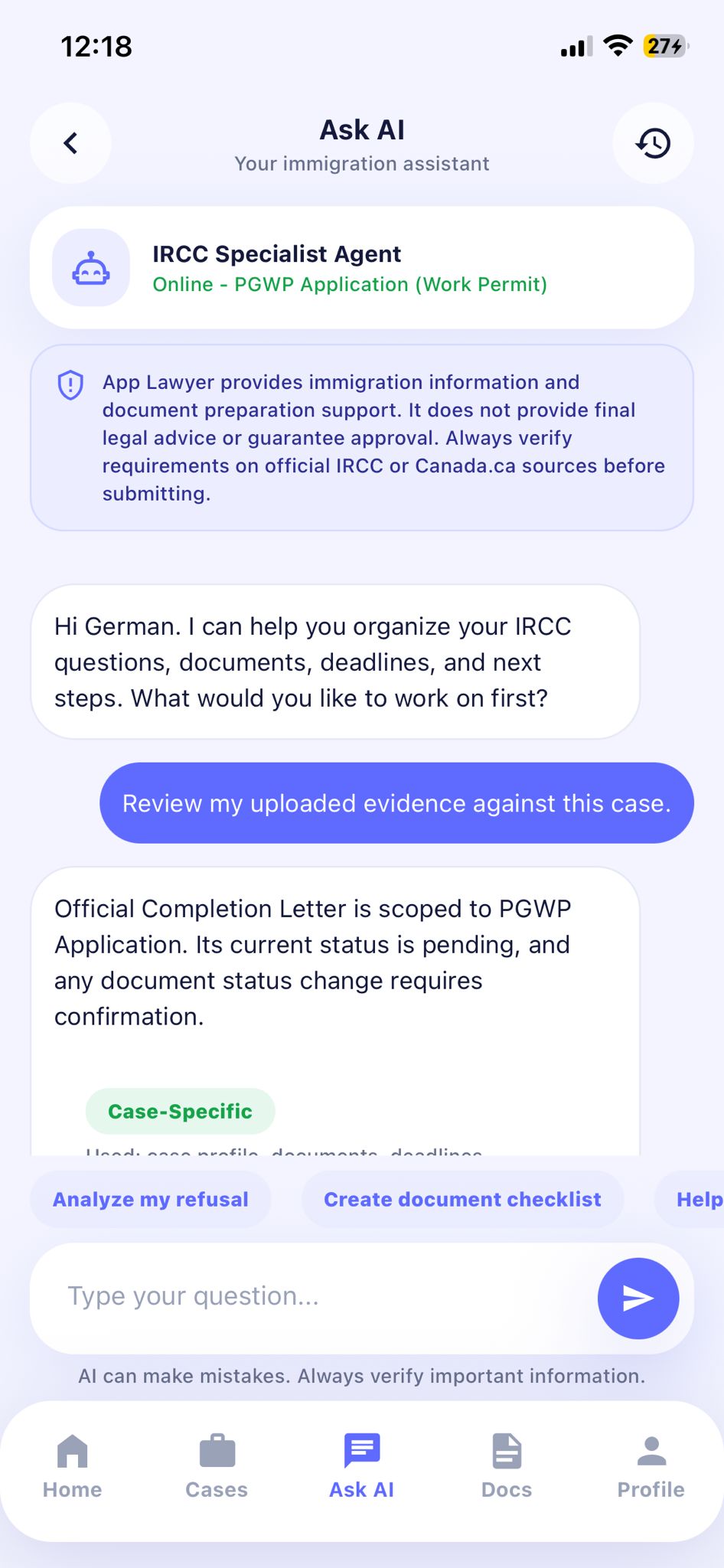 App Lawyer AI assistant and checklist screen 20
