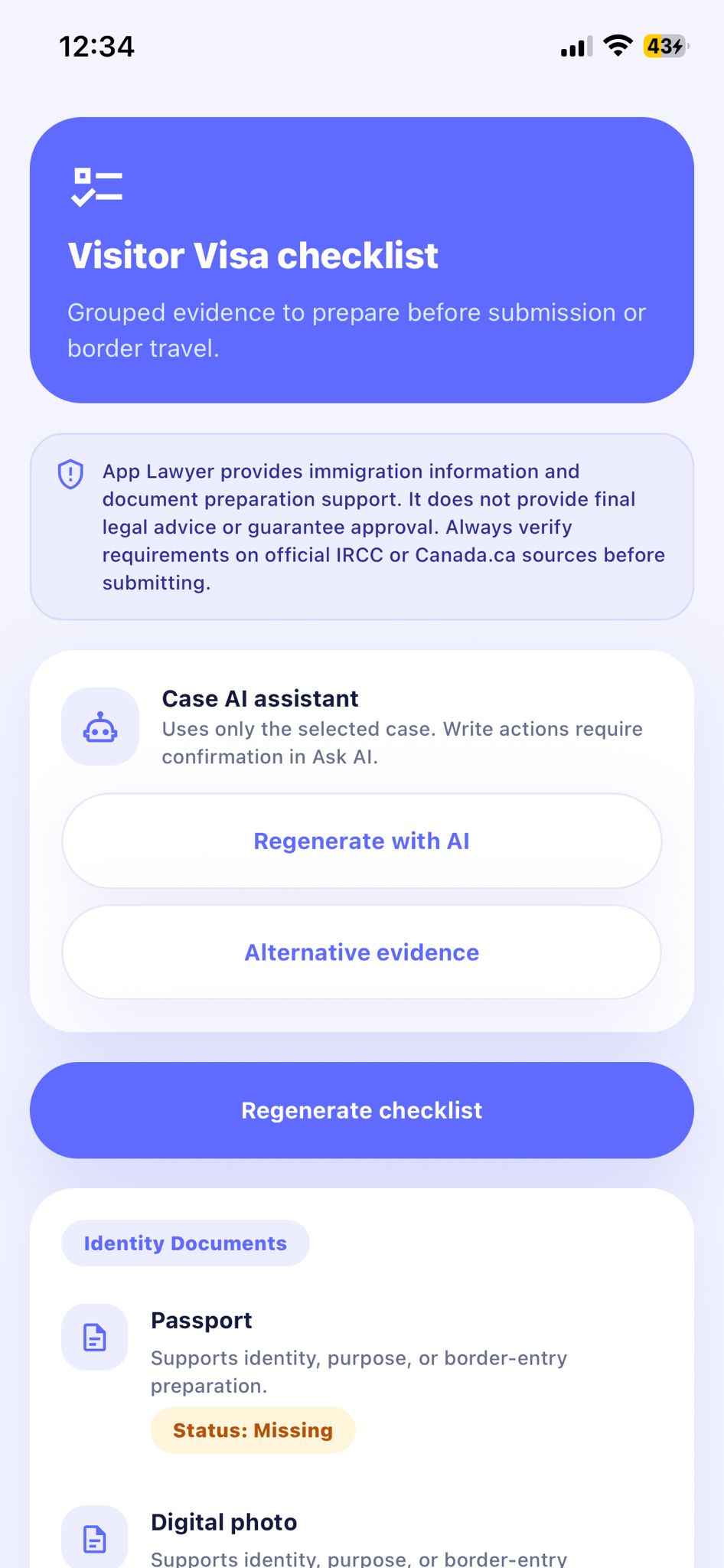 App Lawyer AI assistant and checklist screen 21