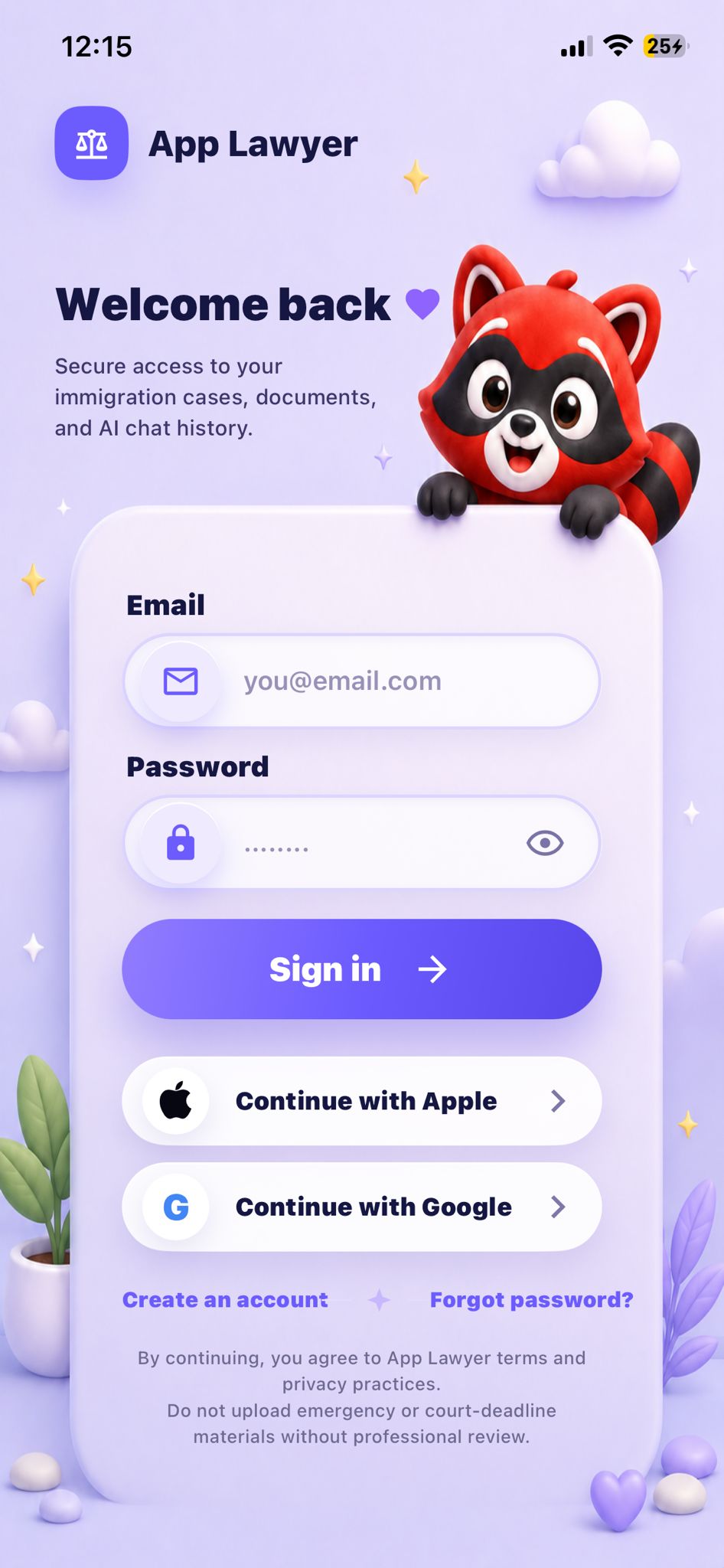 App Lawyer sign-in screen with email and social authentication options