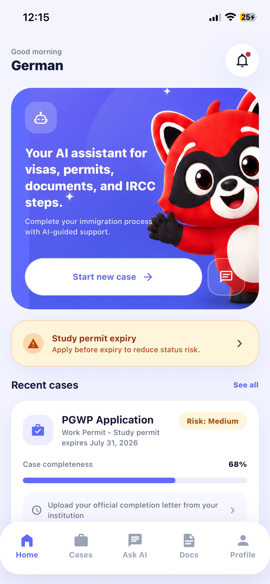 App Lawyer home dashboard with active cases and AI assistant entry points
