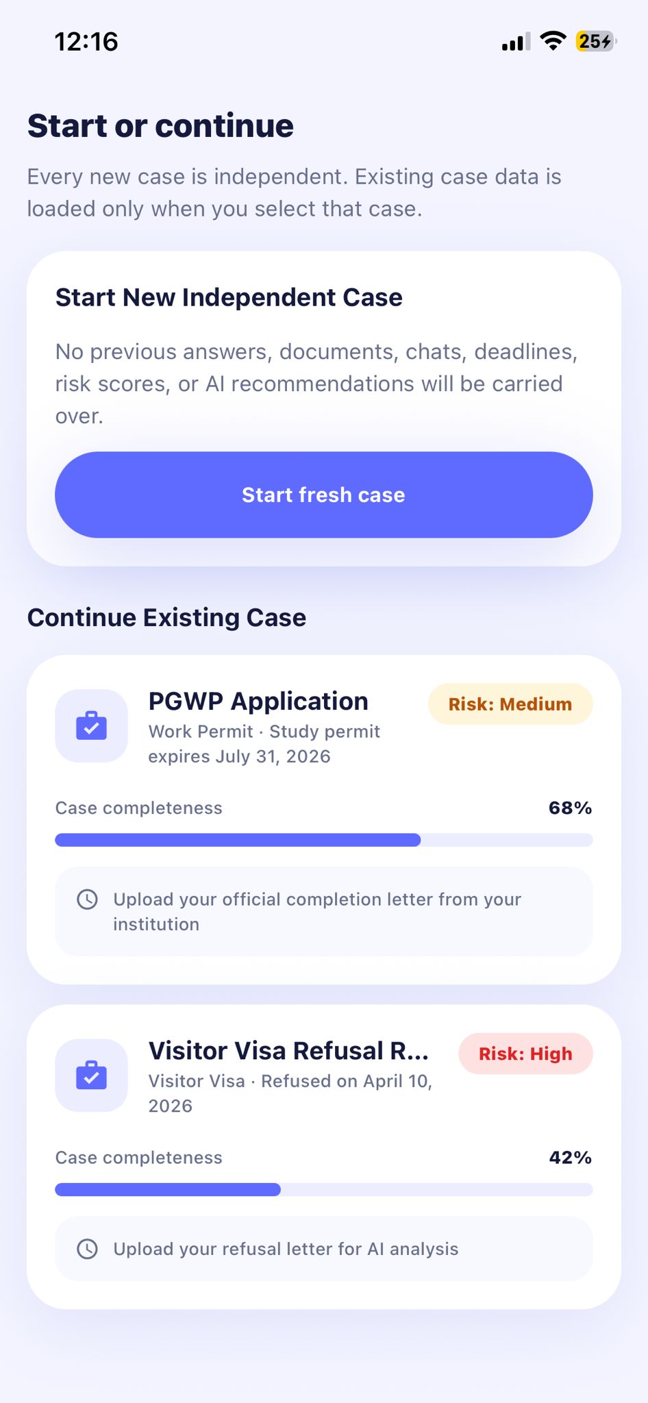 App Lawyer continue case screen with active applications and progress