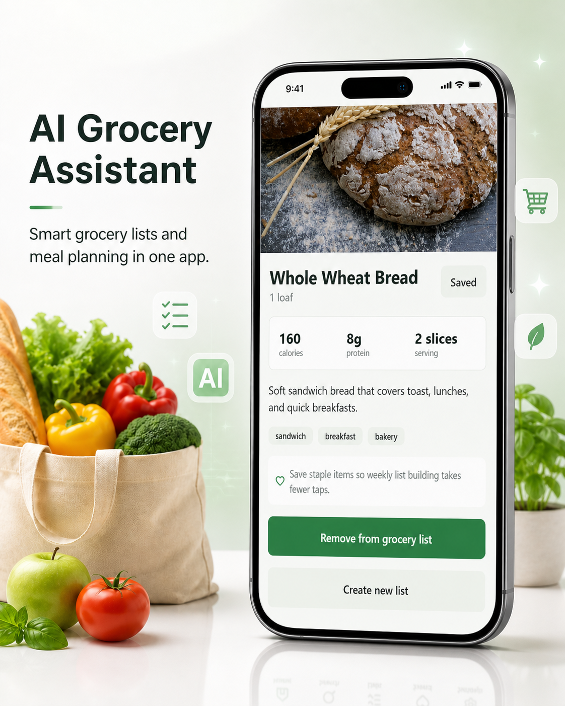 AI meal plan results and grocery list conversion composite