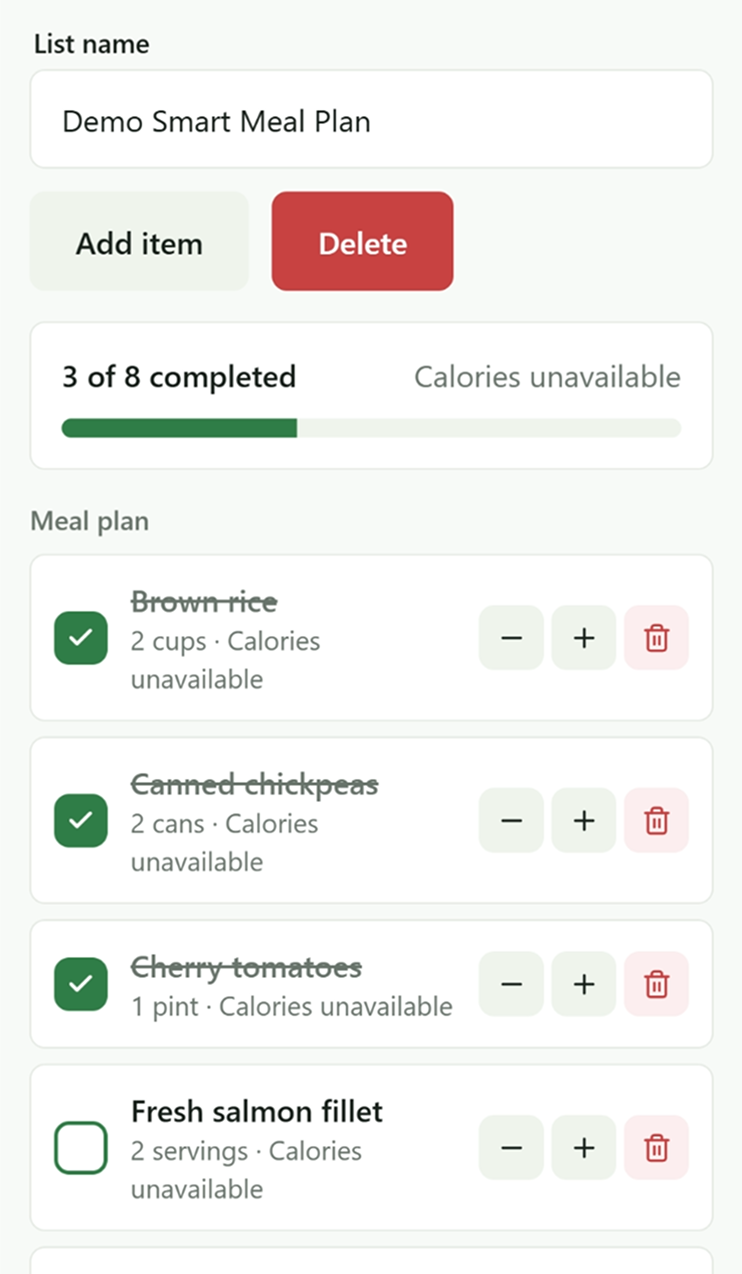 Demo Smart Meal Plan list detail with 0 of 8 completed