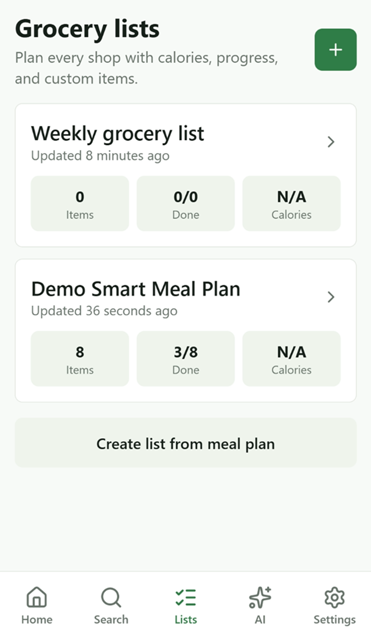Grocery lists overview screen