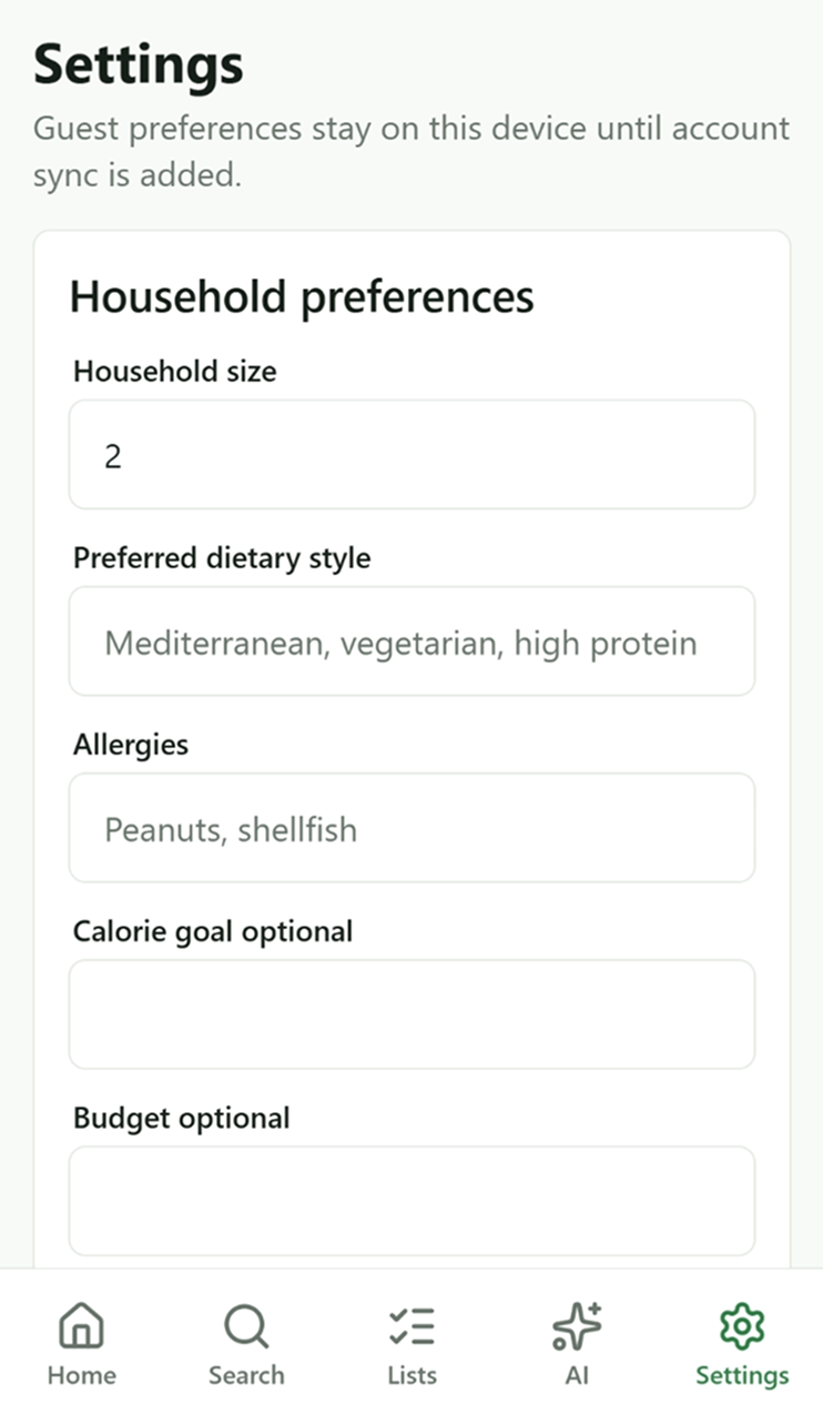 Settings and household preferences screen